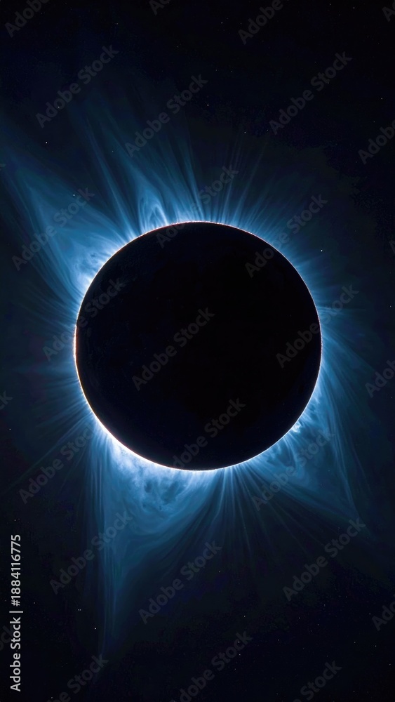 Obraz premium Solar eclipse showing corona, with deep blue energy rays