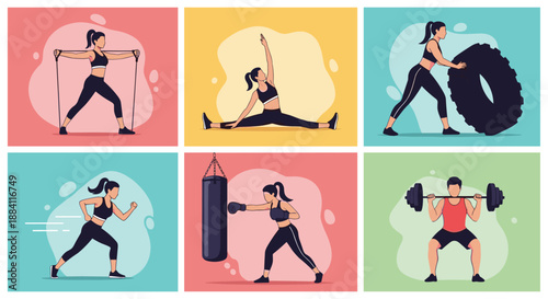 Collection of flat vector illustrations depicting various people engaging in fitness activities such as running, stretching, and weightlifting.