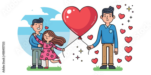 a colorful illustration depicts a loving couple holding a large red heart shaped balloon amidst scattered hearts and a bright blue sky background