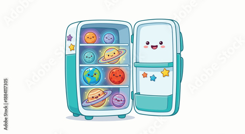 A refrigerator full of glowing planets isolated