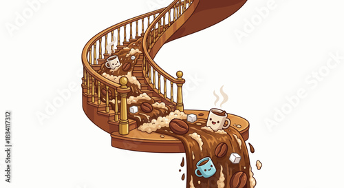 A staircase pouring coffee instead of people walking isolated