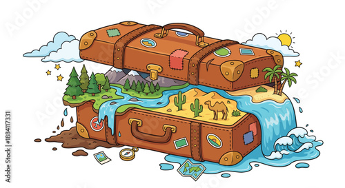 A suitcase leaking landscapes isolated