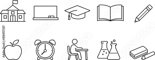 Set of black line icons representing elementary school education including pencil, ruler, blackboard, apple, school building, backpack, graduation cap, books, alarm clock, desk, and notebook. Minimali