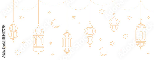 Golden Ramadan Vector Background, Arabian Lanterns and Lamps with Hanging Gold Line Art, Crescent Moon and Star Garland, Ramadan Kareem and Eid Mubarak Islamic Holiday Celebration Design