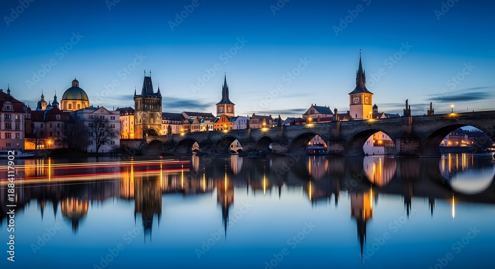 Fototapeta premium Historic European city at night beside a river