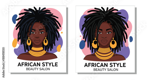 Beauty salon logo designs featuring a portrait of an African woman with dreadlocks and golden jewelry on a colorful abstract background.