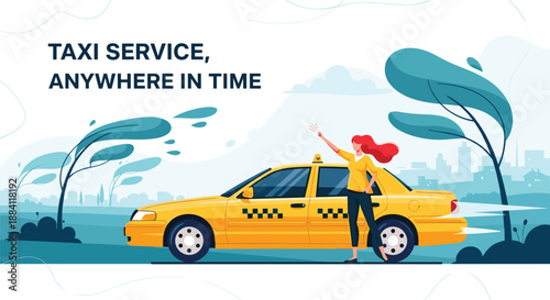 Yellow taxi service advertisement featuring a woman waving for a cab in a windy city landscape with trees bending in the strong breeze.