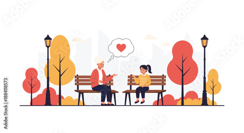 Heartwarming scene of an elderly woman and a young girl talking on park benches with a red heart thought bubble between them in a city park.
