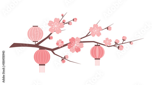 Cherry Blossom Branch with Pink Lanterns