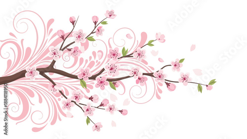 Cherry Blossom Branch with Pink Swirls and Falling Petals