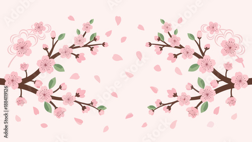 Cherry Blossom Branches with Falling Petals on Pink Background