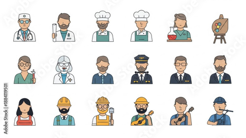 Collection of diverse professional occupation icons in a grid.