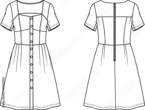 Women short sleeve button front dress technical fashion sketch front and back view fitted midi apparel template vector illustration design