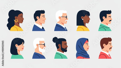 Diverse Group of People Portraits in Profile View.
