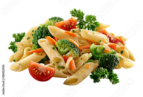 Pasta primavera with vegetables, cutout Italian food on transparent background