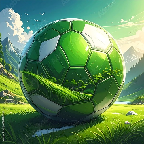 Oversized green-and-white soccer ball sits in a lush, grassy field with mountains and a sunny sky backdrop