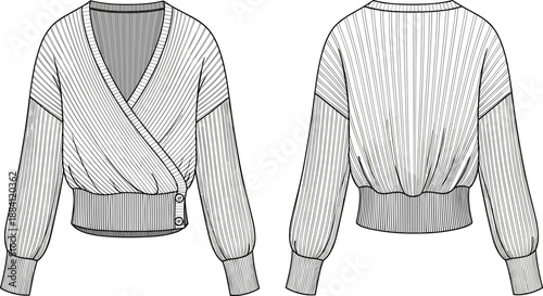 Women wrap knit sweater technical fashion sketch front and back view ribbed waistband casual apparel template vector illustration design