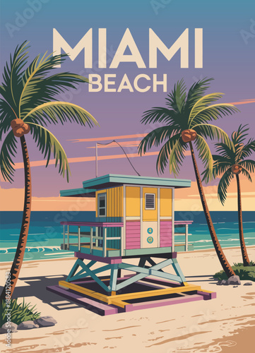 Miami Beach Travel Poster Vector Illustration, Vintage Lifeguard House on Sandy Coast with Palm Trees, Surf and Ocean Waves, Classic Travel Artwork Design for Wall Art, Prints, and Tourism