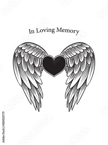 In Loving Memory card template. Angel wings with heart, In memory of beloved friend or family member. Rest in peace, RIP, Funeral hand drawn card design.