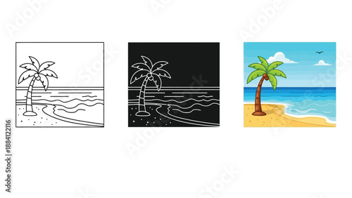 Tropical beach scene with palm tree, ocean waves, and sand in outline, silhouette and color styles