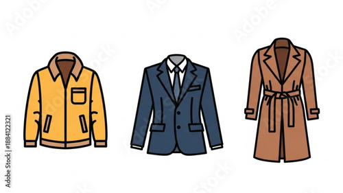Collection of three different types of outerwear clothing.