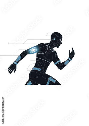 Bio-Integrated Solar Wearable Silhouette, Athlete with Skin Energy Patch, Future Fitness and Human Augmentation Performance Vector Design