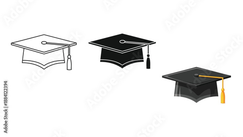 Set of graduation caps icons and illustrations outline, silhouette and realistic style