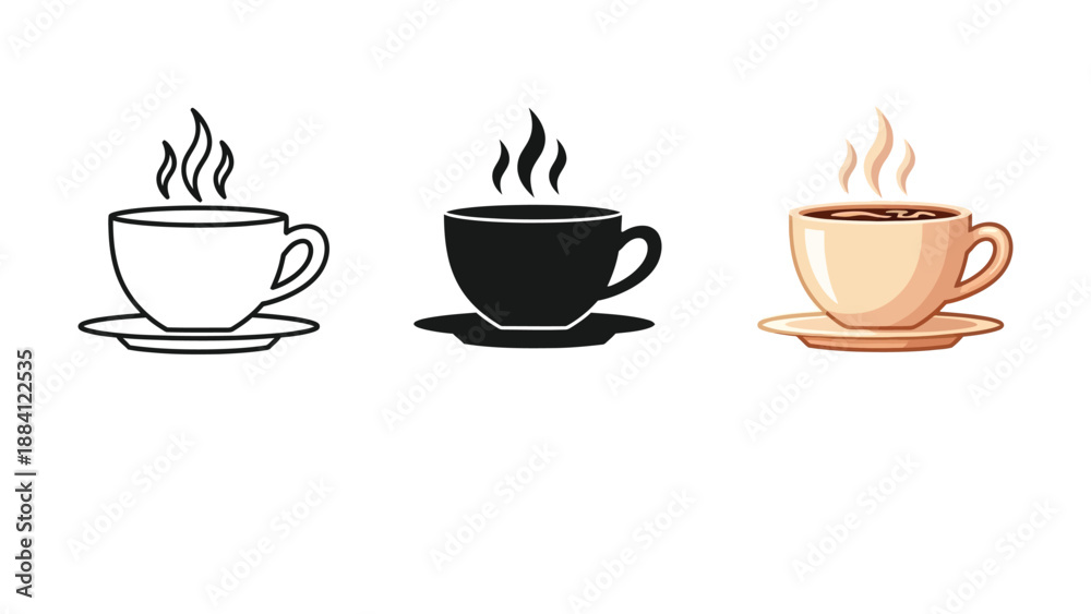 Fototapeta premium Collection of three hot coffee cup icons and illustrations with steam, line art, silhouette and colored drawing styles