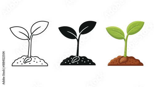 Set of three seedling icons outline, silhouette and colored illustration, representing growth, nature, and new life