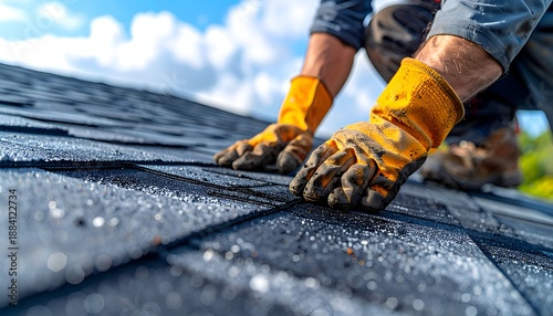 Roofer's gloved hands installing dark shingles under a bright blue sky