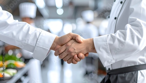 Two chefs shake hands in a well-lit kitchen. Blurred figures in background