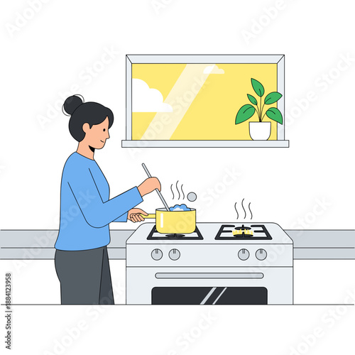 Woman stirring pot on stove while cooking in bright kitchen  