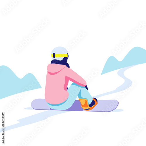 Female snowboarder resting on slope against snowy landscape  