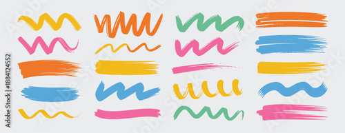 hand drawn chalk underline and swirl lines in color, crayon brush strokes, wavy and spiral scrawls, vector illustration on white.