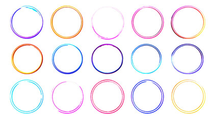 Array of colorful glowing ring outlines on black, futuristic, abstract design