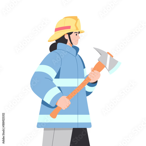 Female firefighter holding an axe and wearing protective gear  