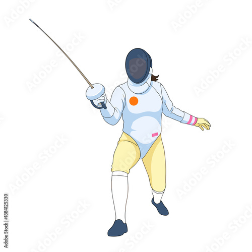 Female fencer in uniform preparing for a match with sword raised  