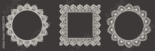 Hand drawn lace paper frames with round and square shapes, delicate floral details and crochet style edges. Romantic vintage borders for wedding invitations, valentine cards and stationery. Vector.