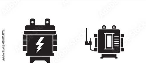 Black and white of electrical components with lightning and transformer symbols