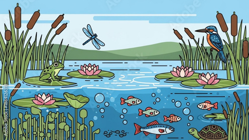 Vibrant pond ecosystem with frog fish turtle dragonfly and kingfisher in serene natural habitat