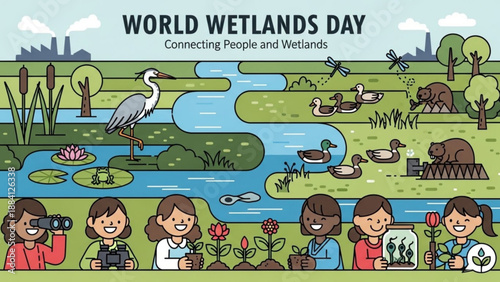 World wetlands day illustration with diverse people exploring nature wildlife and plants by a serene river