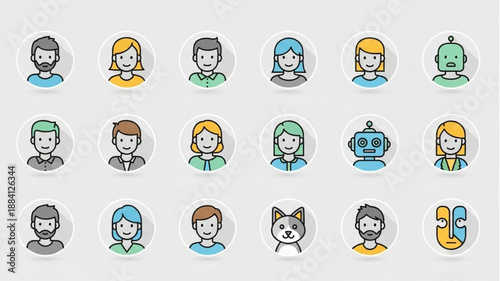 Collection of Diverse Avatars and Icons Representing People and Robots.