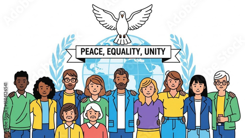 Diverse group of people standing together in unity and harmony with a dove and globe symbolizing peace and equality