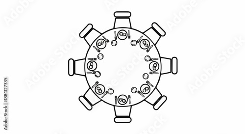 Eid Dining and Gathering icon featuring a top-down view of a large round table with eight chairs and place settings