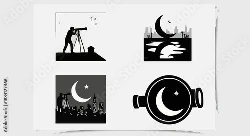 Eid moon sighting icons featuring telescope observer crescent over city skyline and astronomical binoculars