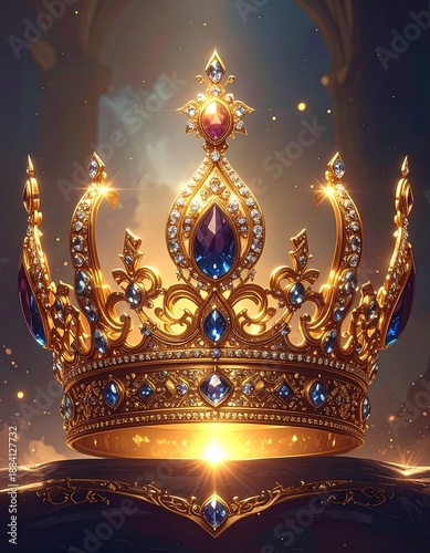 Ornate gold crown adorned with blue & red jewels, sits on dark fabric against a blurred, golden background