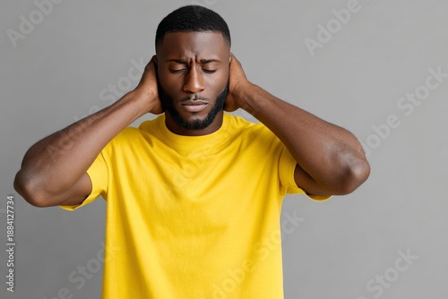Young african male covering ears in yellow shirt