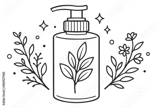 Hand drawn line art illustration of a pump dispenser bottle depicting natural botanical elements for cosmetic and hygiene products