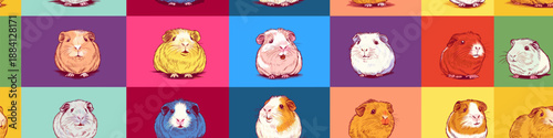 Nine cute guinea pigs in a colorful pop art distinct grid pattern. Pop art guinea pig distinct pet portraits grid