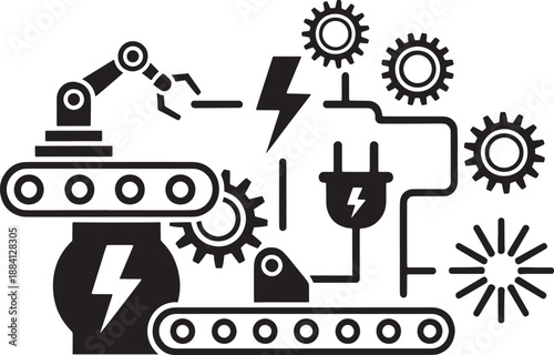 Black and white sketched of industrial machinery with gears and lightning bolts